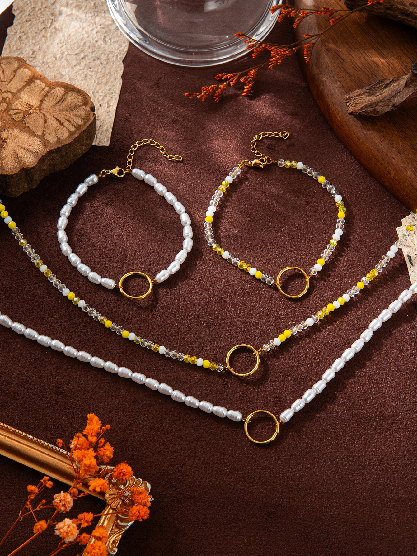 

Pearl Necklace Bracelet Set 18K Gold Plated Brass Boho Beaded Jewelry Matching Set for Women Gift