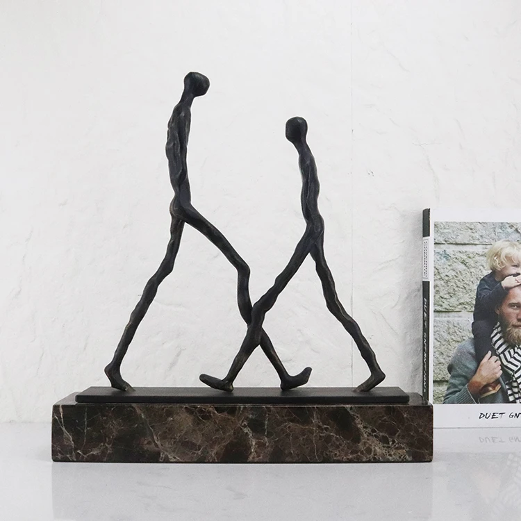 Abstract Walking Couple Metal Sculpture with Marble Base, Minimalist Human Figurine Ornament for Home Table Decor