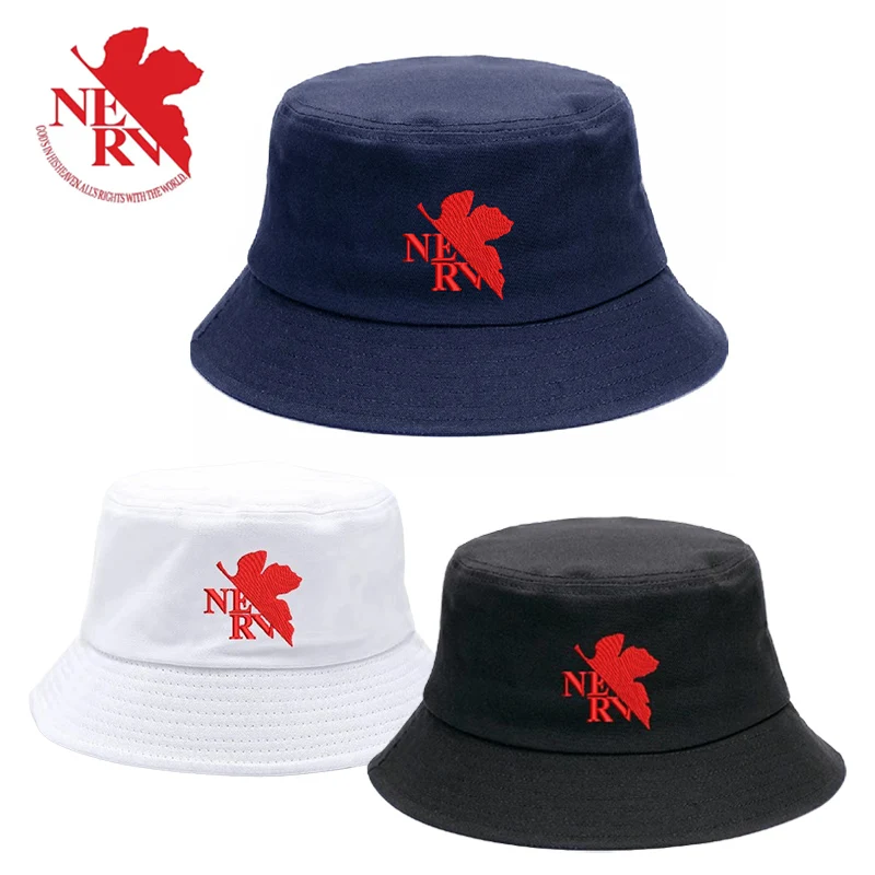 EVANGELION NERV Bordado Verão Balde Chapéu Mulheres Viagem Protetor Solar Chapéu Homens Pesca Boné de Skate Anime Cor Sólida Boné de Praia