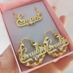 LeeChee Heart Zircon 30mm Twist Hoop Earloop Custom Heart Nameplate Pendant Necklace Jewelry Set Birthday Gift