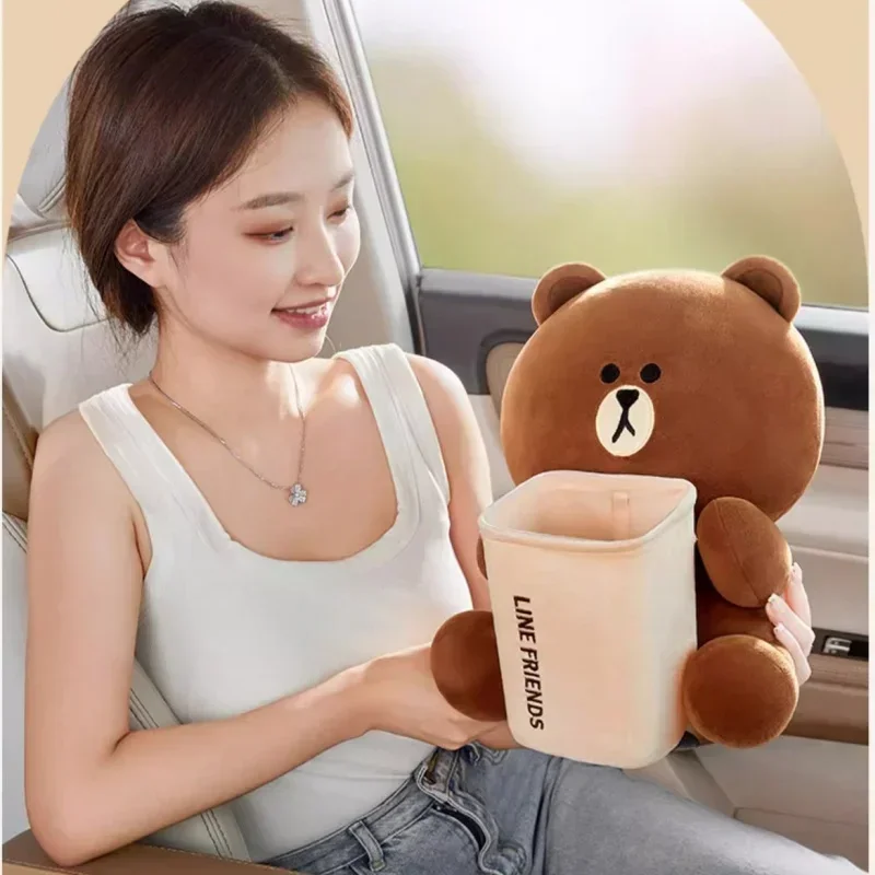 Brown Cartoon Doll Creative Car Armrest Box Trash Can Box Line Friends Car Umbrella Plush Storage Bucket Home Decorative Gift