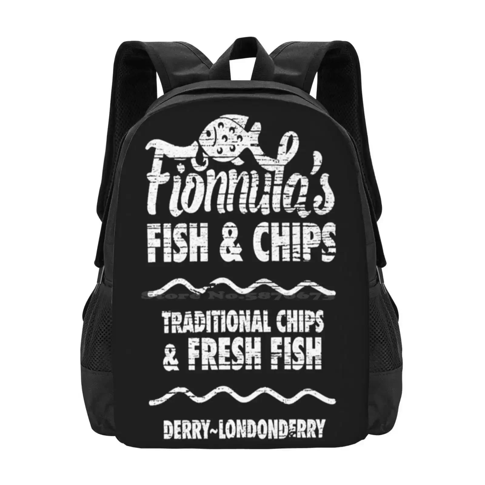 Los mejores peces y patatas fritas en Irlanda del Norte, gran oferta, mochila escolar, bolsos de moda, Derry Girls Irish Erin Quinn Clare Devlin Orla