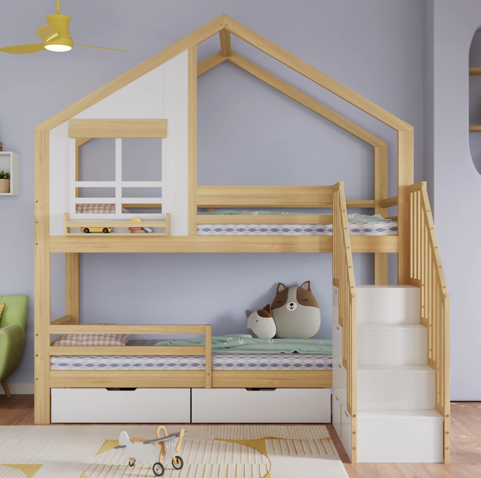 Kinderstapelbed met twee uitschuifbare laden, veiligheidsladder met leuningen, grenen & MDF, wit en naturel, 90x200 cm