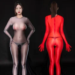 Sexy Oil Shiny Bodysuit Women Open Crotch Tights Catsuit Jumpsuit Glossy Leotards Erotic Lingerie SM Sex Porn Role Play Costumes