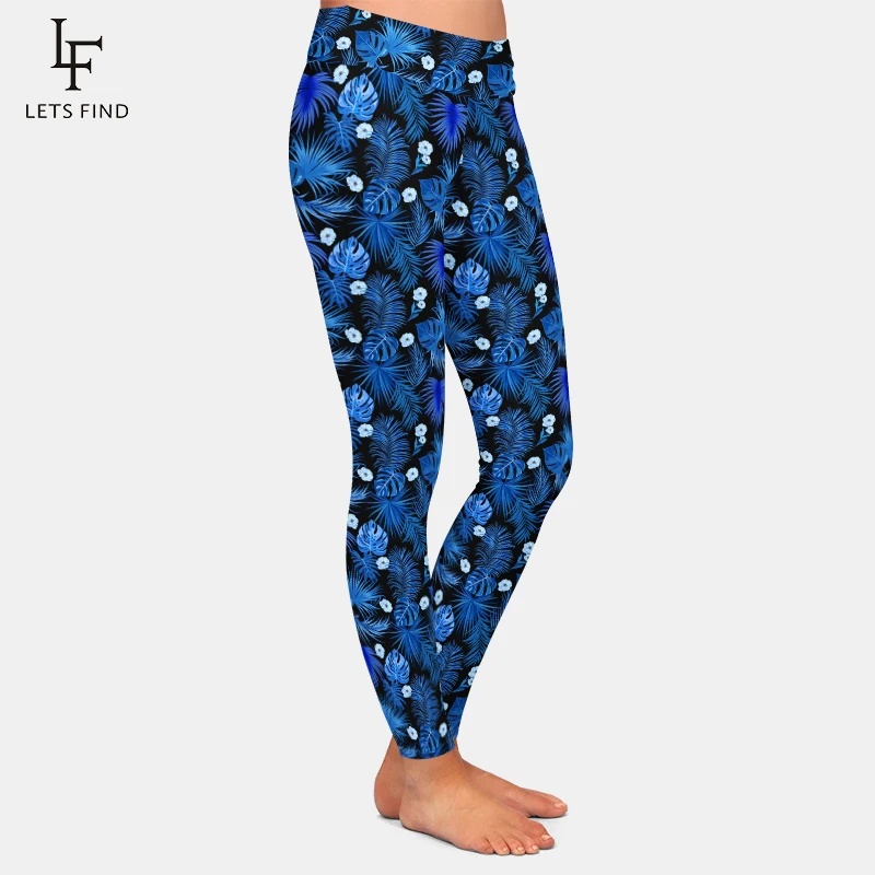 LETSFIND High Waist Sexy Women Pants High Quaility 3D  Blue Leaves of Palm Tree and Flowers Print Fitness Slim Stretch Leggings