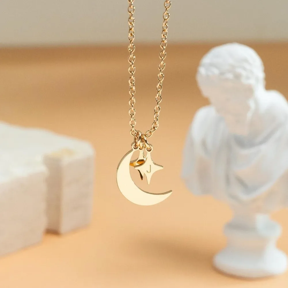 

Customized A-Z Name Necklace Stainless Steel Chain Personalised Moon Star Necklaces Couple Jewelry Anniversary Gift