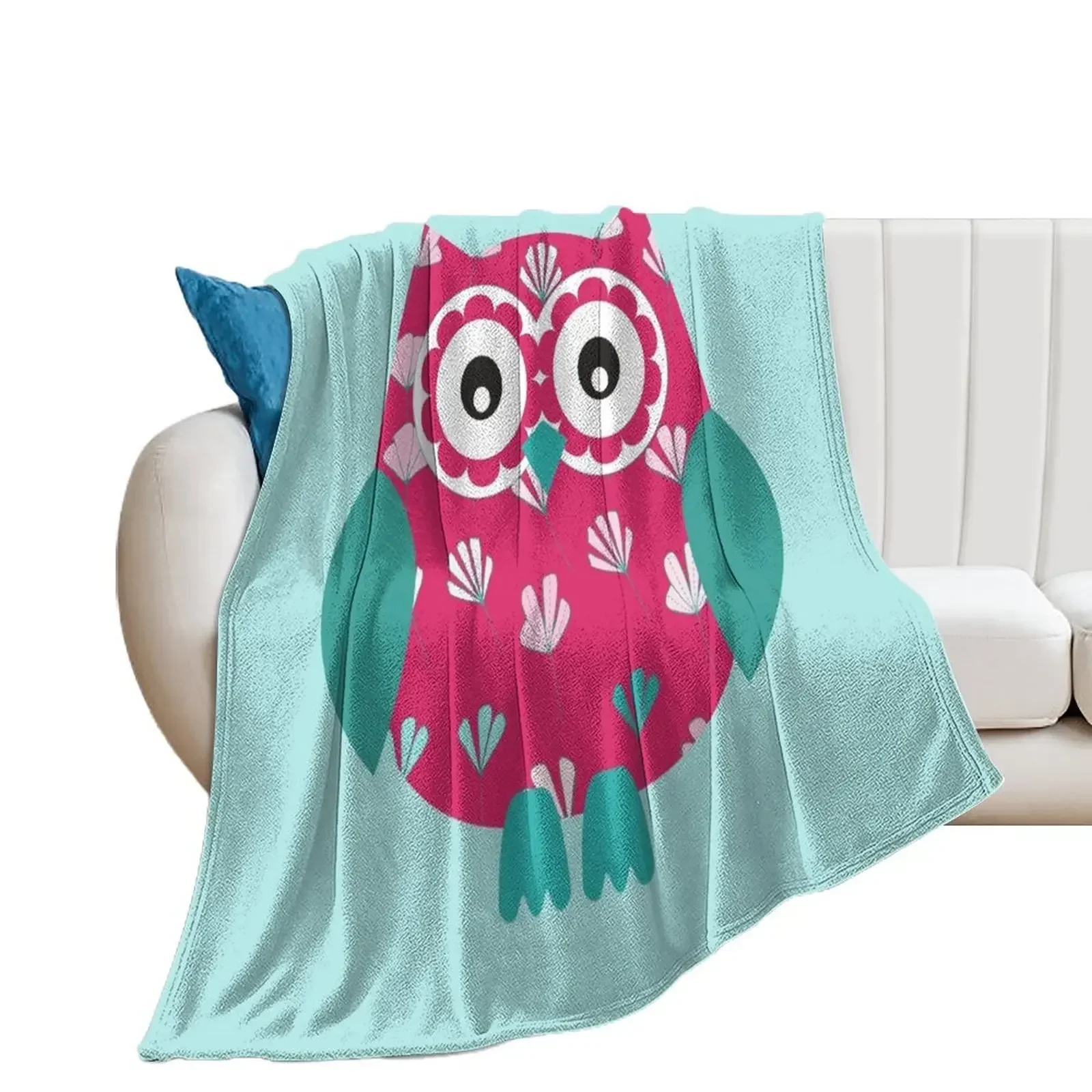 Cute Owl with Floral Pattern in Pink and Teal Throw Blanket Vintage Sofa Blankets