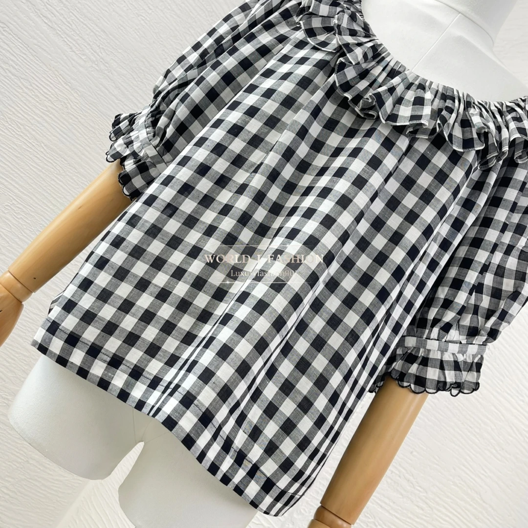 

2025 New Design Classic Checkered Half Sleeve Ruffles Frilled Black White Blouse Tops