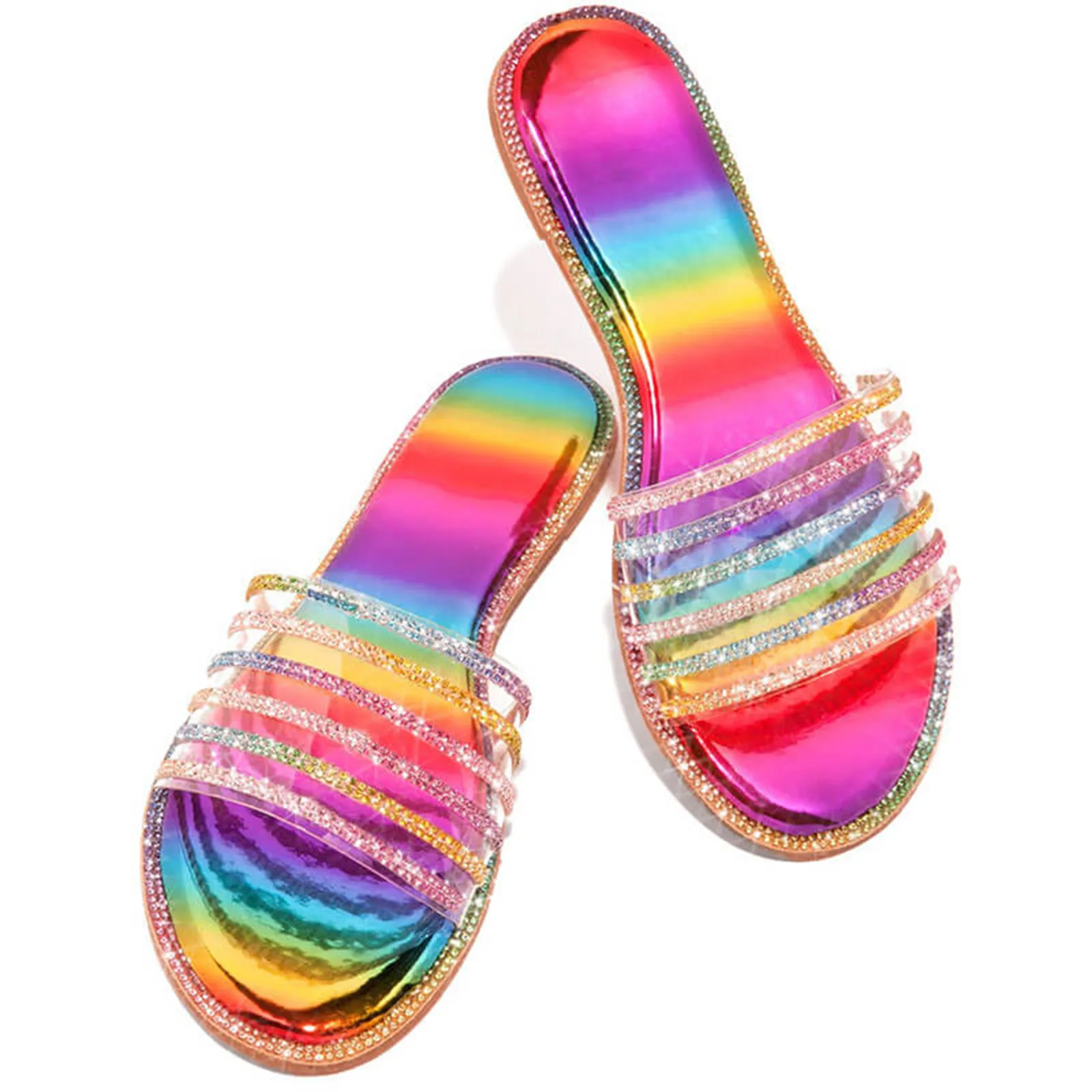 Women Outdoor Slippers Fashion Summer Crystal Jelly Shoes New Arrival Round Toe Flat Bottom Ladies Party Dressy Shiny Sandals