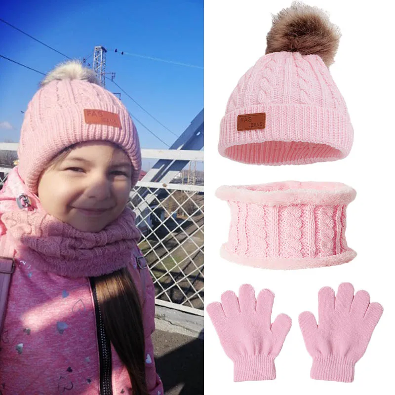 Winter Baby Hat Scarf Gloves Set Warm Knitted Children Accessories with Single Double Pompoms