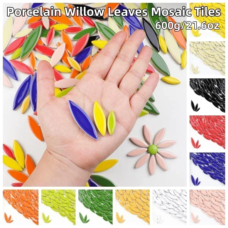 600g/21.6oz Ceramic Willow Leaves Mosaic Tiles DIY Porcelain Leaf-Shape Tile 3-Sizes-Mix 4mm/0.15in Thickness Lanceolate Tiles