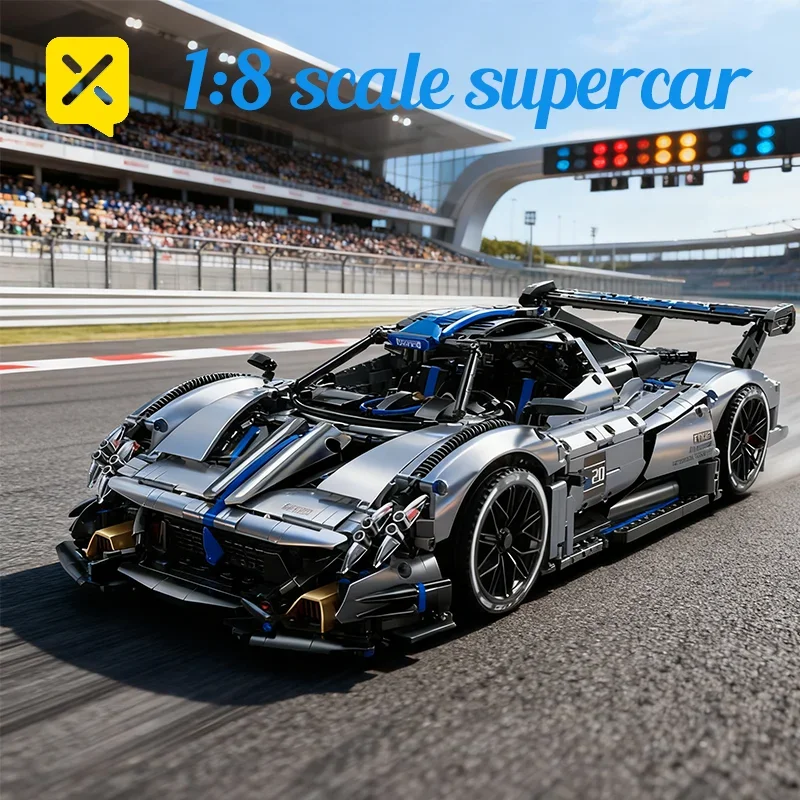 TOYLINX 3526-teiliges silber-blaues technisches Rennsportwagen-Bausteine-Set, Super-Sportwagenmodell im Maßstab 1:8, ideale Ziegelsteine, Geschenk für Jungen