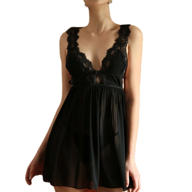 CINOON Summer Women's Lace Trim Sheer Mesh Babydoll Nightdress V-Neck Backless Sleepwear Sexy Lingerie Solid Color Dress