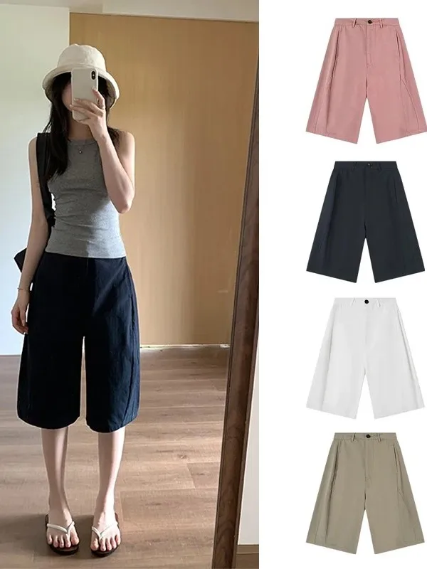 High Waist Casual Cotton Shorts Women's Straight Leg 3D Tailored Five-Point Pants Breathable Comfortable Summer Shorts