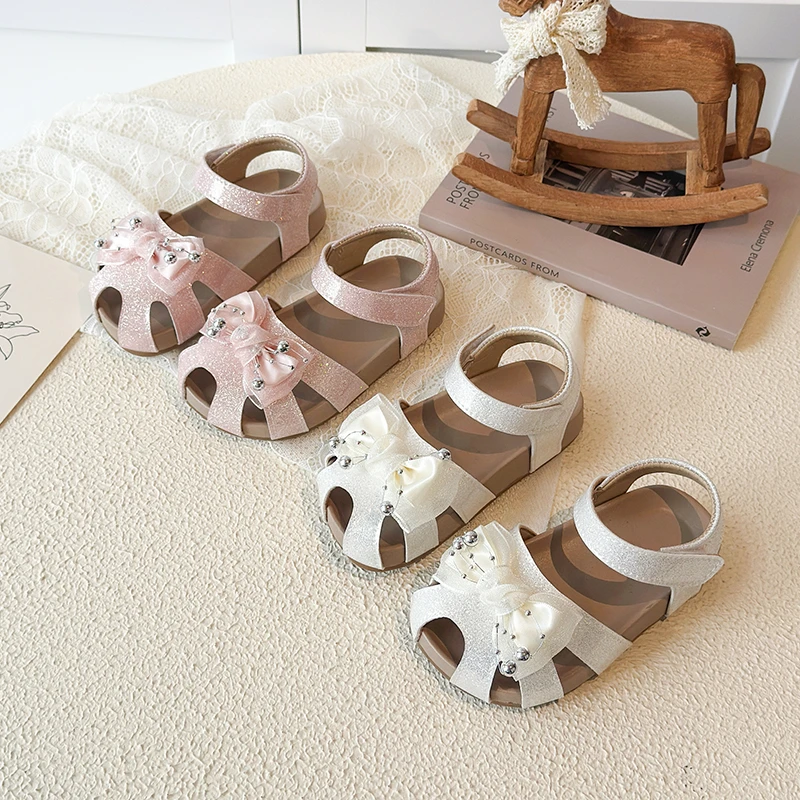 Girls Glitter Toes Capped Sandals with Bow-knot Little Kids Hollow Out Rhinestone Princess Shoe Non-Slip Baby First Walker Shoes