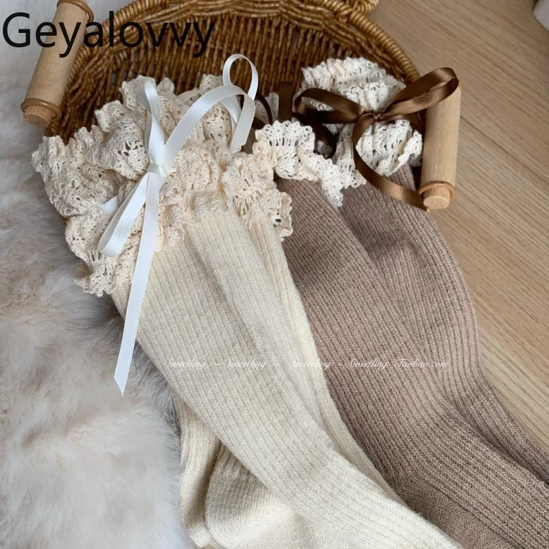 

Универсальные шерстяные кружевные носки для милых девочек, осенне-зимние новые универсальные чулки, однотонные длинные носки выше колена с бантом