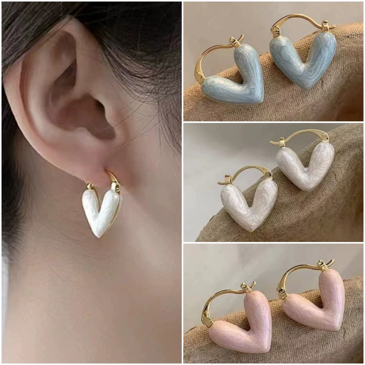 Trendy Heart Shape Hoop Earrings for Women Pink White Blue Enamel Dangle Earrings Sweet Girls Party Gift Jewelry