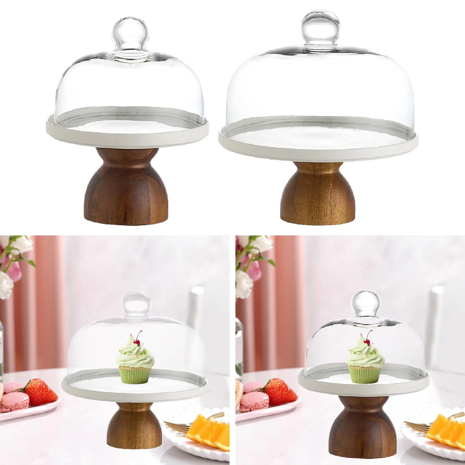 

Wooden Cake Stand with Glass Lid Pastries Plate Serving Plate for Party
