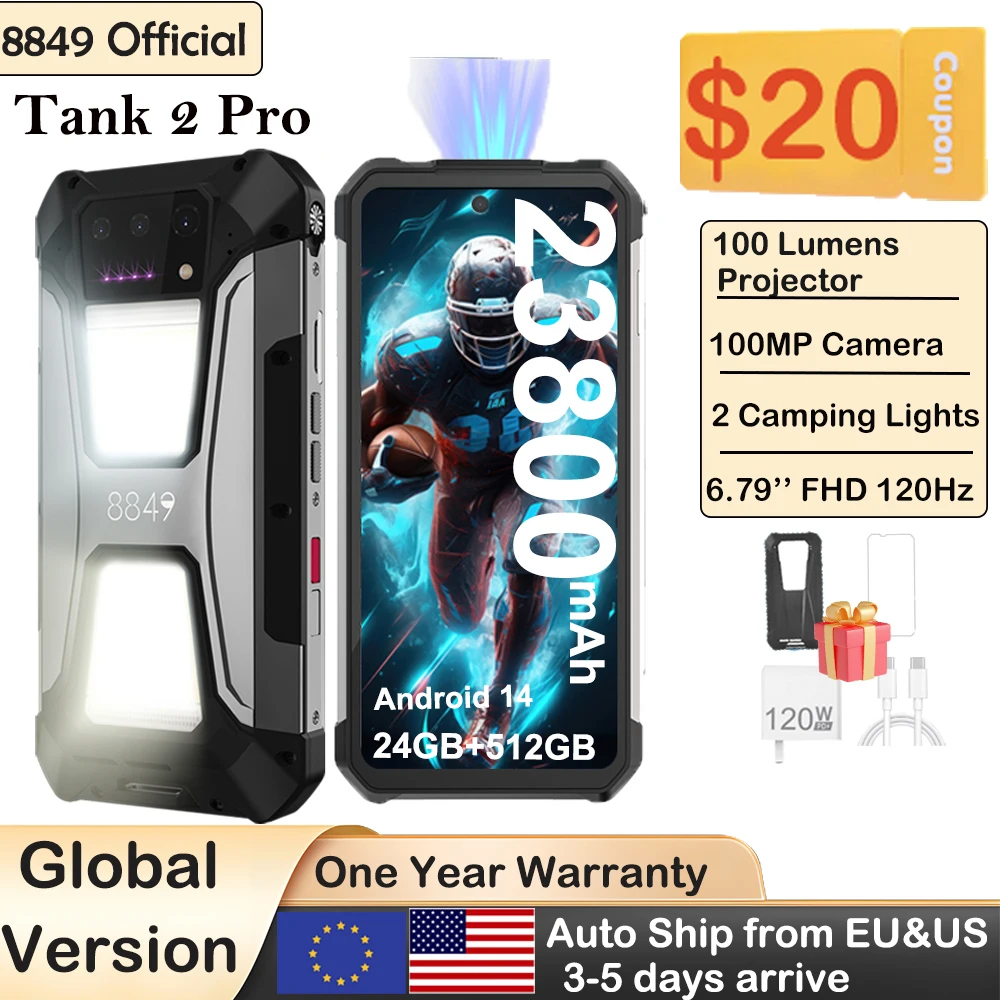 8849 Tank 2 PRO Projector Rugged Smartphone Android 2.4K 24GB 512GB 100MP Camera 23800mAh 120W Dual Sim OTG Phone