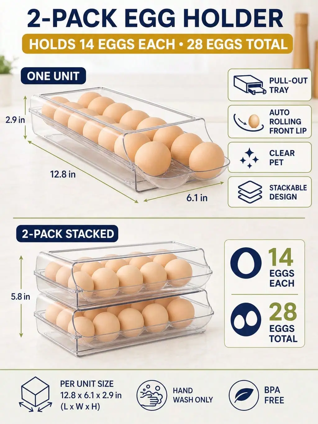 2-Pack Clear Automatic Rolling Egg Holder, Stackable Fridge Drawer Organizer, 28 Eggs Total, Family Kitchen Breakfast Prep