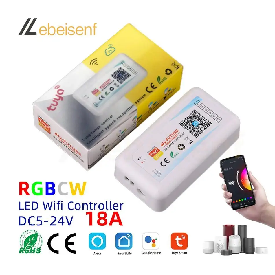 Tuya WiFi RGB CCT Controller DC5-24V 18A 5CH PWM segnale Smart Voice Music Dimmer per 5050 2835 RGBCCT RGBWC Color Strip Light