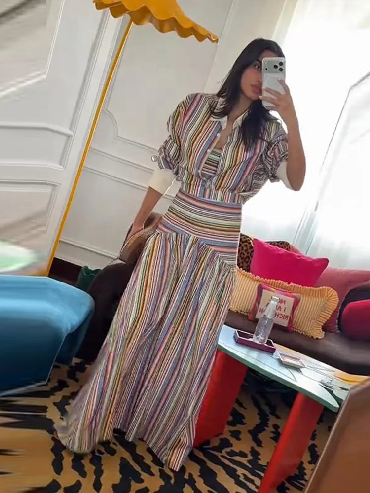 Elegant Multicolor Striped Maxi Dress Outfits Puff Sleeve Lapel Shirt High Waist Long Skirts 2026 Autumn Lady All-matching Suit image 4