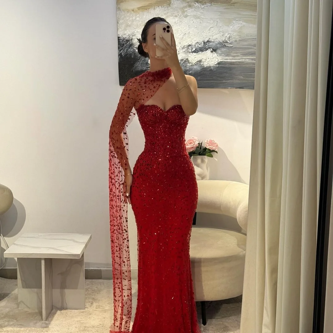 Sansa Abiti da ballo senza maniche con glitter a sirena rossa personalizzati squisiti con scialle Abiti da sera lunghi fino al pavimento da sera formale