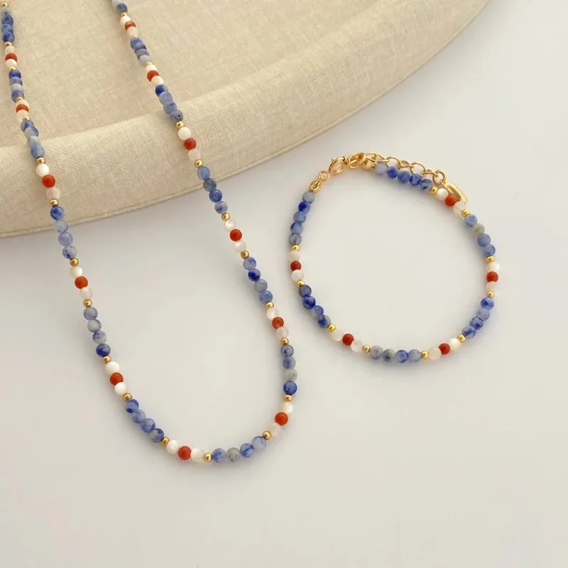 

Minar Handmade Natural Stone Lapis Lazuli White Shell Red Agate Beads Beaded Necklace for Women 18K Real Gold Copper Chokers