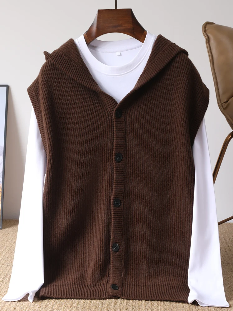 

New Autumn Winter 100% Pure Wool Cardigan Vest Men's Hooded Soild Sleeveless Single Breasted Basic Knitwear Sweater Loose Casual