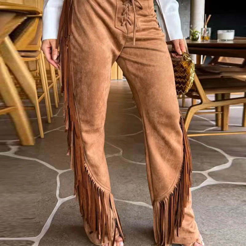 Casual Solid Drawstring Slim Flared Trousers Fashion Irregular Tassel Splice Pants Retro Suede High Waisted Office Commute Pants