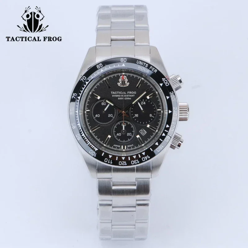 Tactical Frog 41mm Watch For Men Panda Chronograph VS75A Solar Quartz Movement Sapphire C3 Luminous 200M Waterproof Men\'s Watch