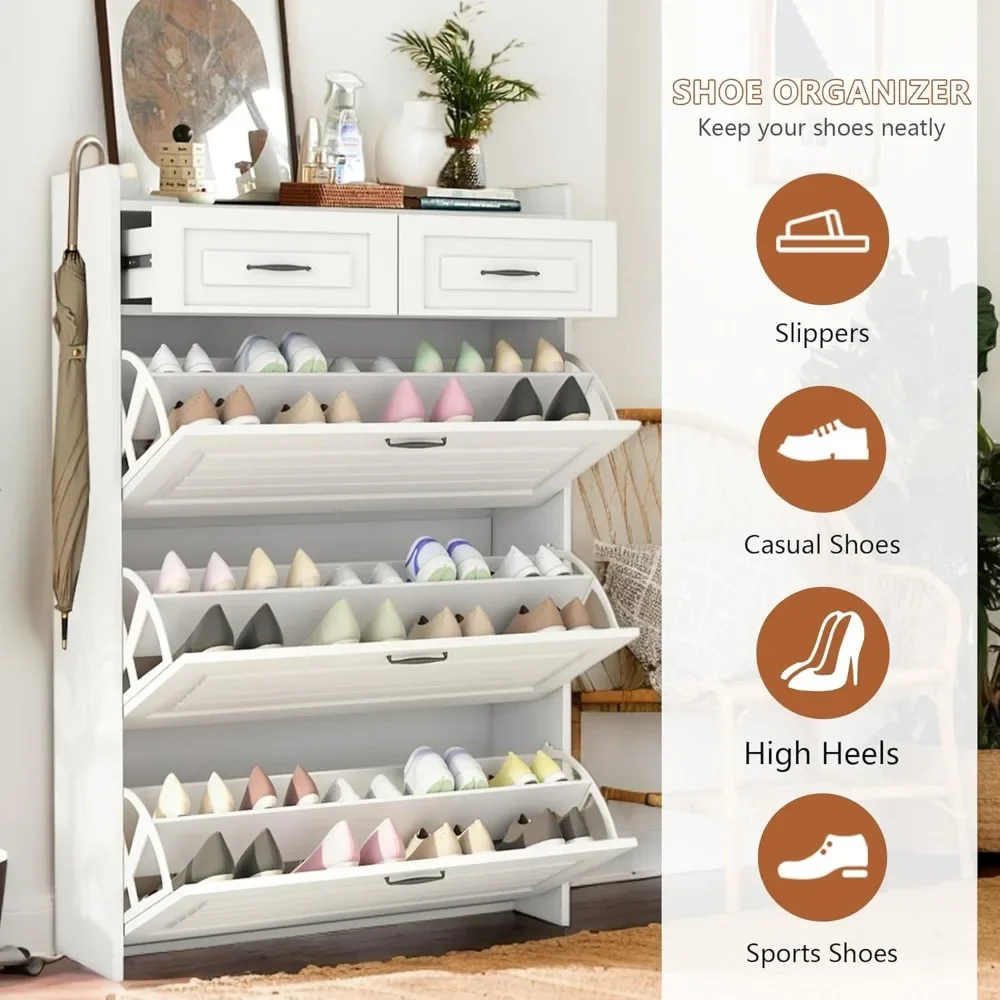 خزانة أحذية ضيقة متعددة الوظائف مع 3 أبواب ودرجين، تستوعب أحذية مختلفة، مناسبة للمدخل والممرات