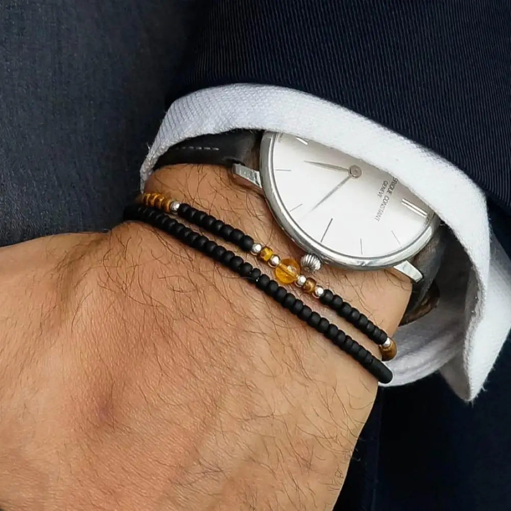 Браслет мужской «тигровый глаз» из черного агата, с бусинами Браслет мужской «тигровый глаз» из черного агата, с бусинами