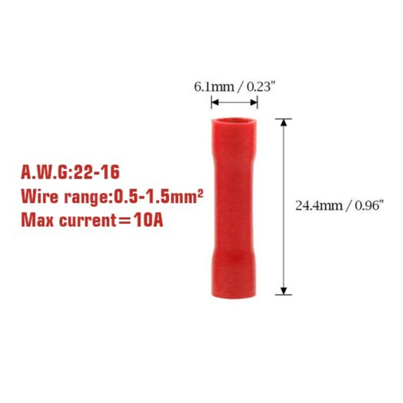 50/100/500pcs Red Butt Connectors Crimp 22-16 AWG Butt Connector Insulated PVC Wire Butt Splice Connectors 22-16 Gauge
