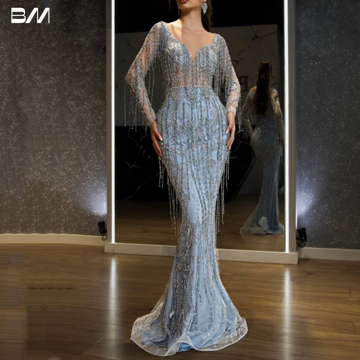 Tassel Beaded Long Sleeve Prom Dress Custom Made Robe De Soriee V Neck Fishtail Mermaid Evening Party Gown For Women