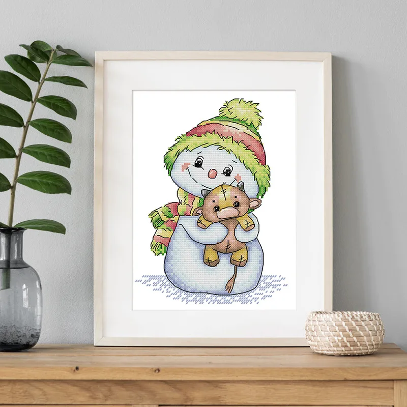 

Soulgift New Pre-Printed Cross Stitch Kit, Stamped 9CT/11CT/16CT DMC Threads,Embroidery Kit - Little Snowman And Little Bear