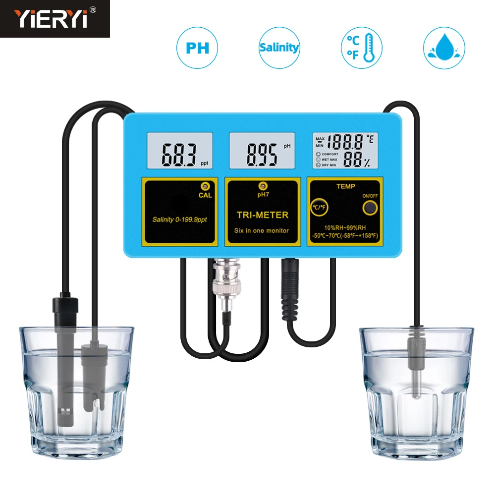 PH/Salinity/TEMP Meter Multi Parameter PH&Monitor Temperature Meter 110~120V Detector Water Quality Device Aquarium Fish