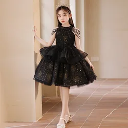 Vestido de flores de lujo para niña, vestidos brillantes para fiesta de cumpleaños, boda, mangas cortas, tul, vestido nupcial de Halloween para niños