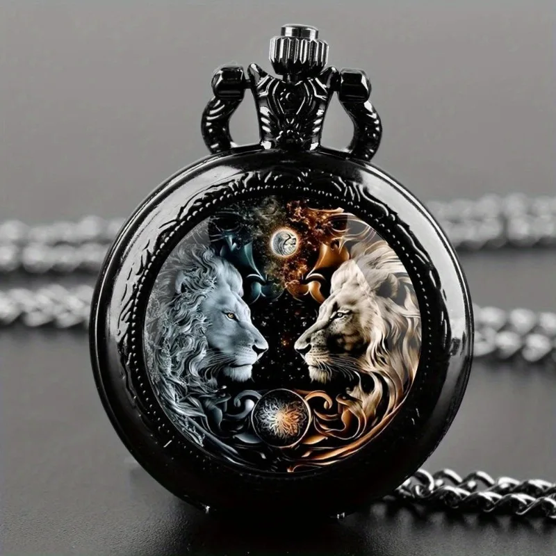 10pcs/lot Unique Wolf Animal Pattern Quartz Pocket Watch Black Necklace Pendant World-Time Feature Analog Display For Women Men