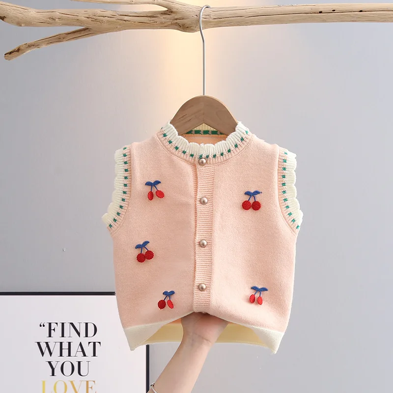 Spring Autumn Baby Girls Knitted Vests Cherry Decoration Sleeveless Jacket Toddlers Kids Waistcoats Girl Cardigan Tops GY04201