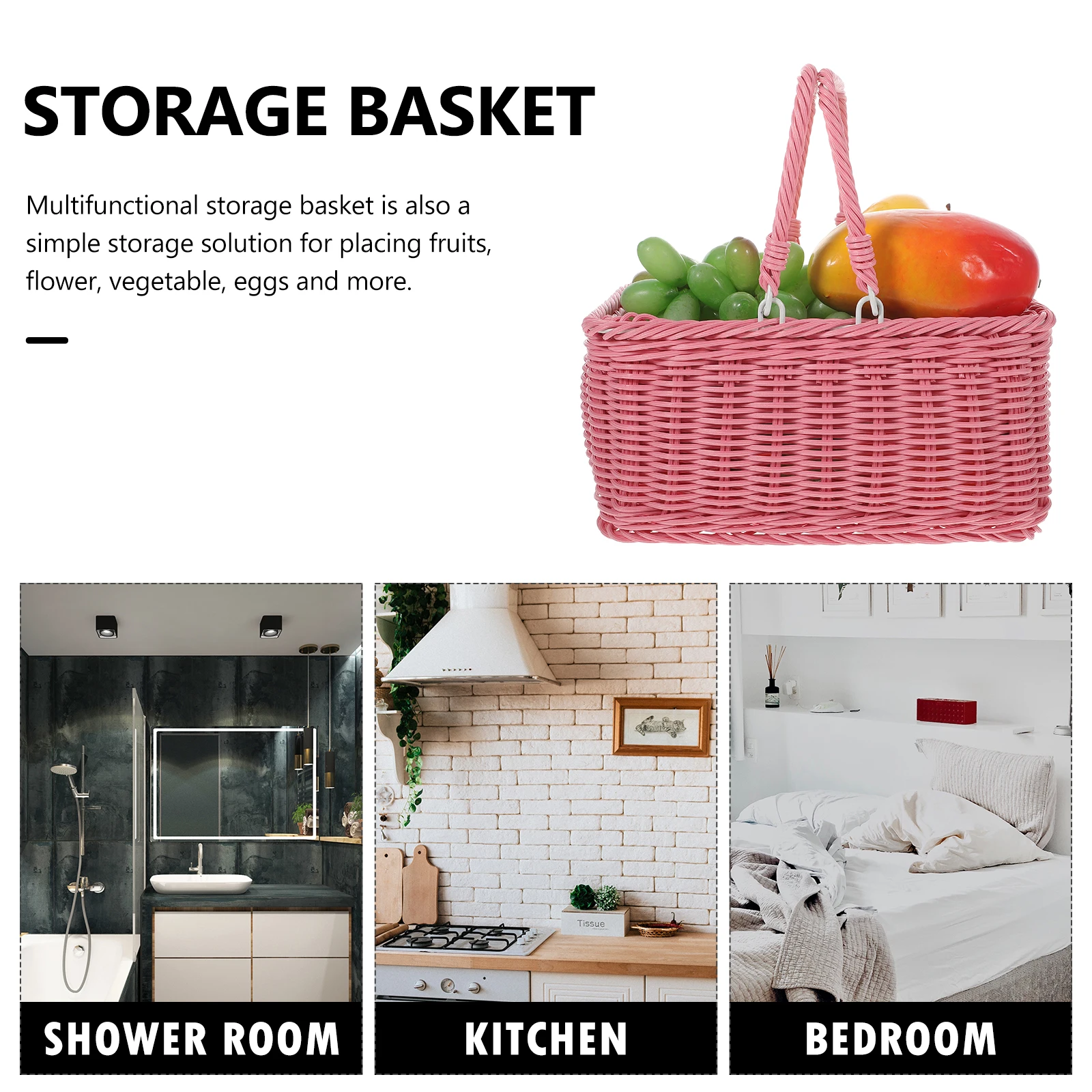 

Picnic Basket Handwoven Wicker Mini Picking Pink Rectangle Storage Baskets Hamper Handle Practical Long Lasting