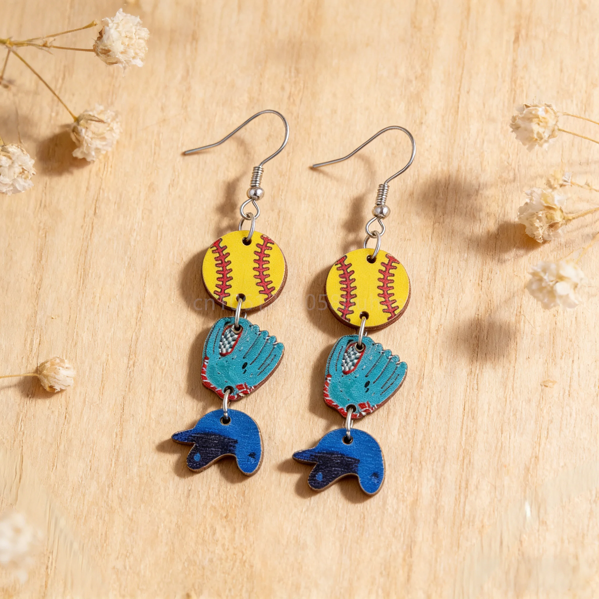 creative wooden baseball printed drop earrings for women fashion American style sporty earring jewelry gift dropshipping