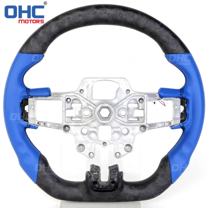 For Mustang blue smooth leather + matte Forged texture LED car steering wheel modification racing