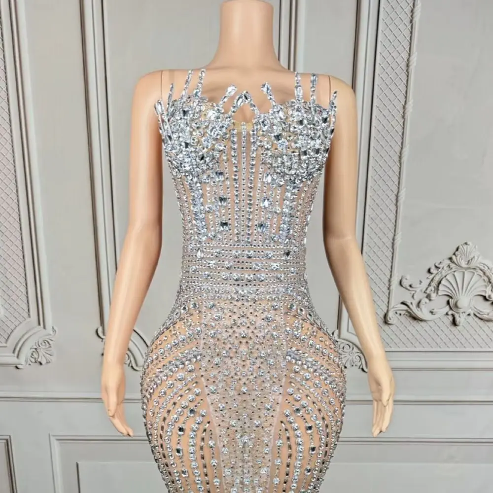 

Sexy Women Elegant Evening Gown Celebrity Formal Couture Mesh Sparkly Crystals Long Dress Nightclub Party Queen Outfit Guidao