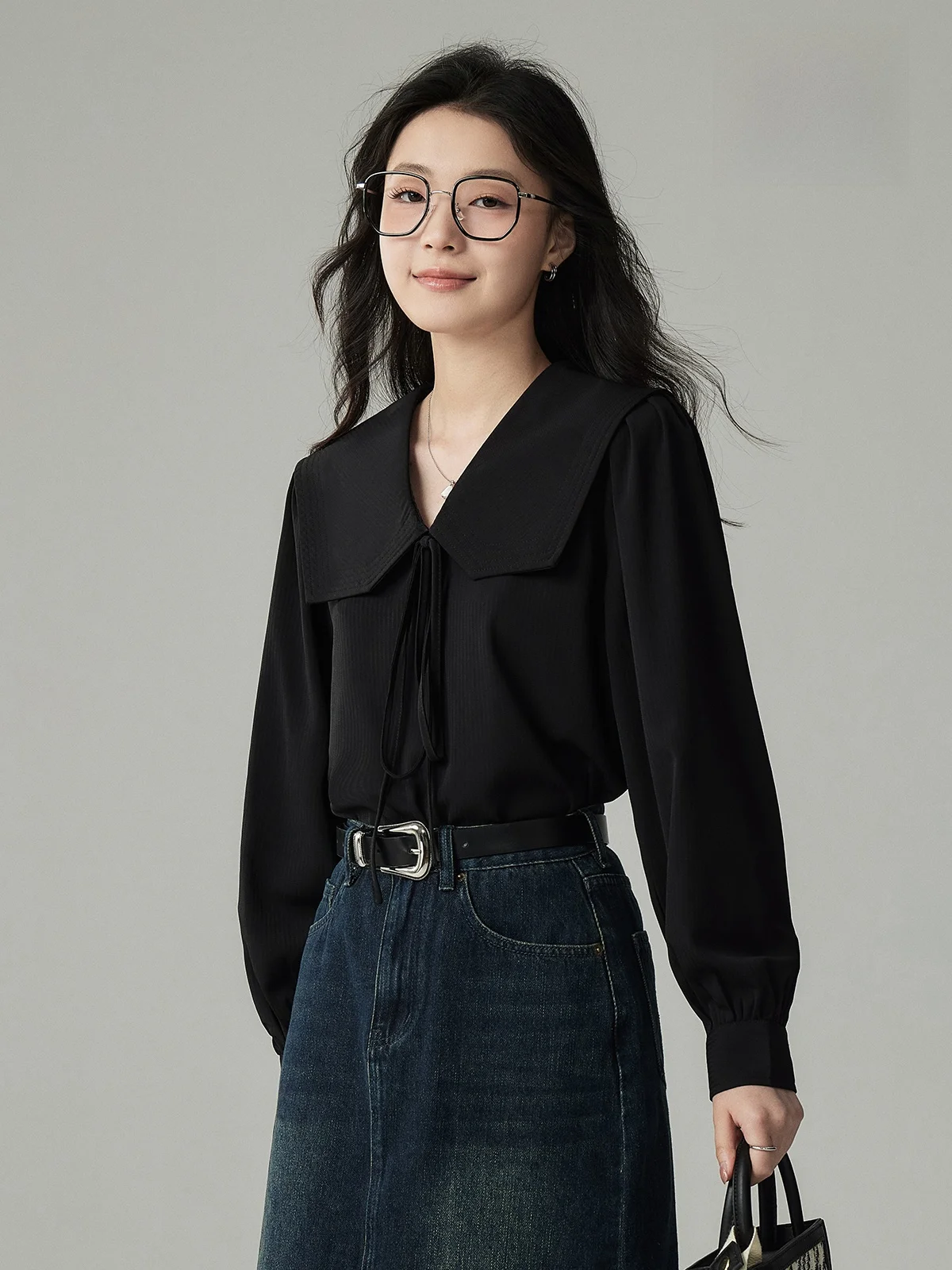 

Sweet Navy Collar Shirt Women's Loose Black Shirt Spring Autumn New Style JACOOBS Commute Style Long Sleeve Pure Color