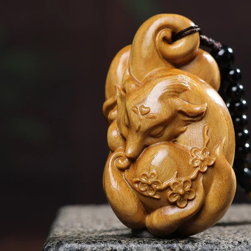 Antique art Old Japanese boxwood hand carved lovely fox Statue Animal Netsuke Decoration pendant Gift collectable