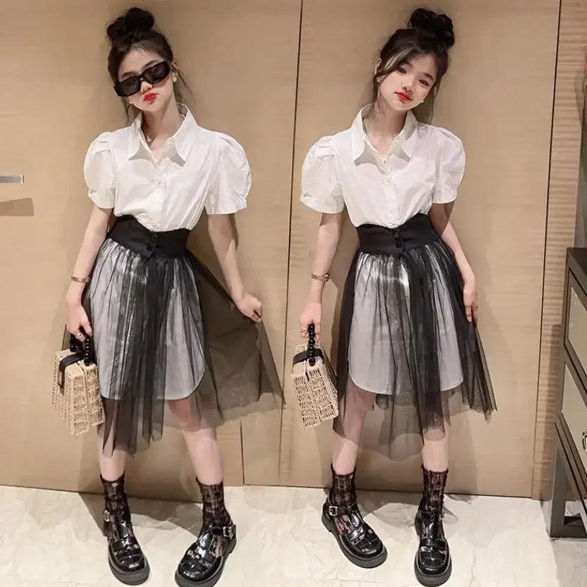 

Girl Short Sleeve Shirts + Mesh Skirts 2pcs Sets Children Summer New Fashion Top Suits Teenage Clothes Sets 6-16Y Wz1180