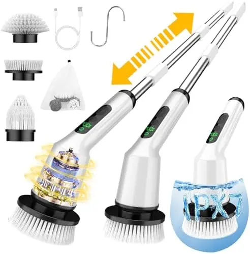 

Electric Spin Scrubber – Cordless Shower Cleaner with 3 Brush Heads, 2 Speeds, IPX7 Waterproof – White