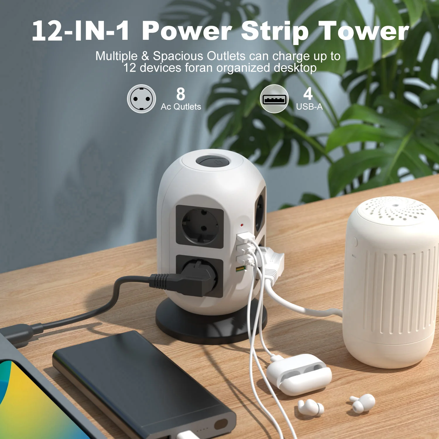 2M 8-Outlet Surge Protector Power Strip with 1 Type-C & 3 USB Ports, Vertical Tower with Independent Switche