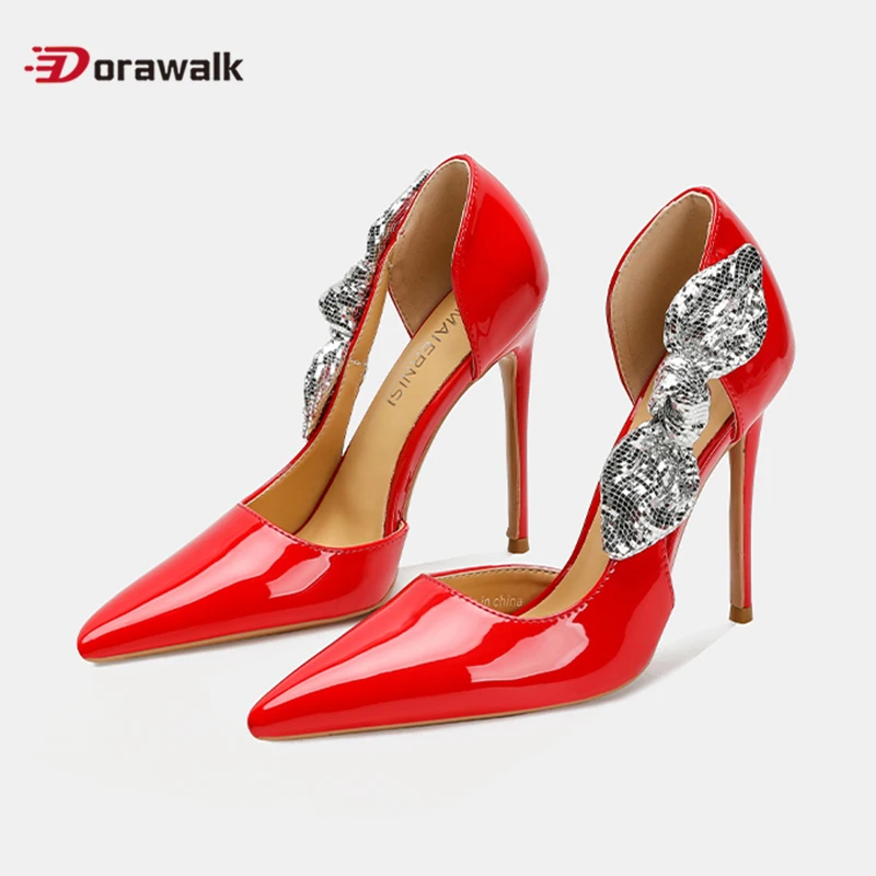 

Дизайнерские туфли-лодочки, пикантные туфли-лодочки с острым носком и блестящим бантом, 12 см, женские модельные туфли подружки невесты на очень высоком каблуке